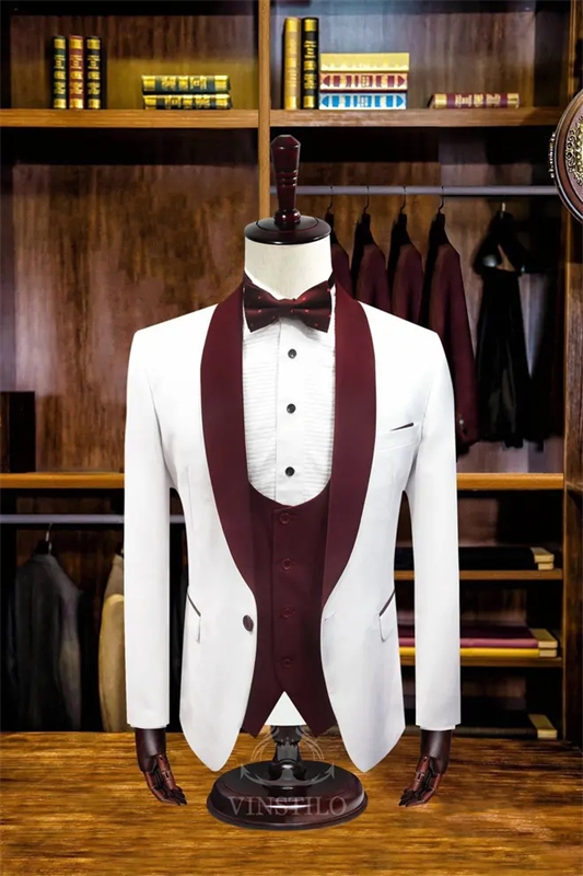 Samuel Newest Burgundy Shawl Lapel Three Pieces Wedding Suits