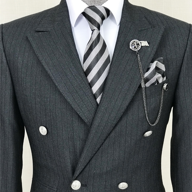 Ansel Formal Black Striped Peaked Lapel Double Breasted Business Suits