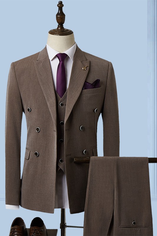 Bespoke Taupe Brown Single Breasted Three Pieces Peaked Lapel Business ...