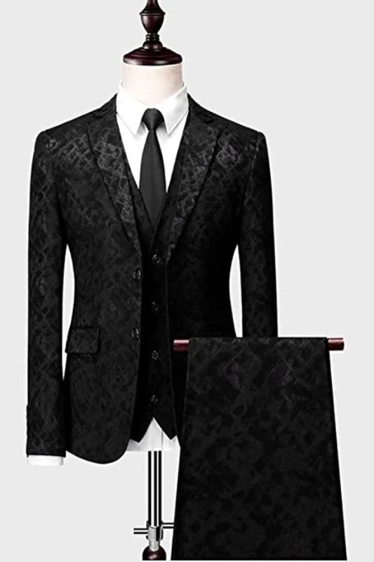 Modern Black Jacquard Three Pieces Notched Prom Suits For Men