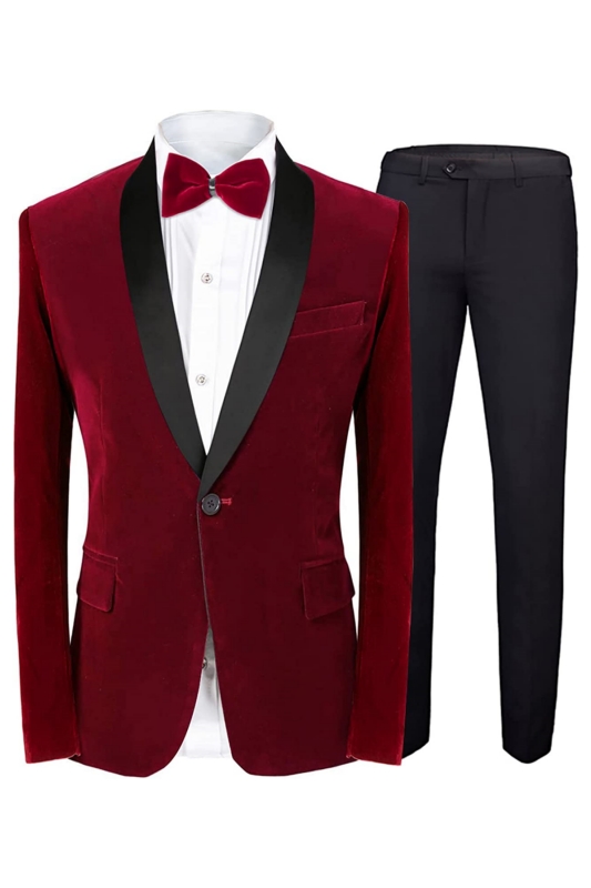 Baron Fashion Red Shawl Lapel Slim Fit Velvet Wedding Suits For Men