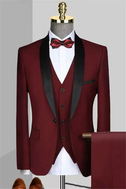 Enoch Bespoke Burgundy Shawl Lapel Three Pieces Wedding Suits For Men