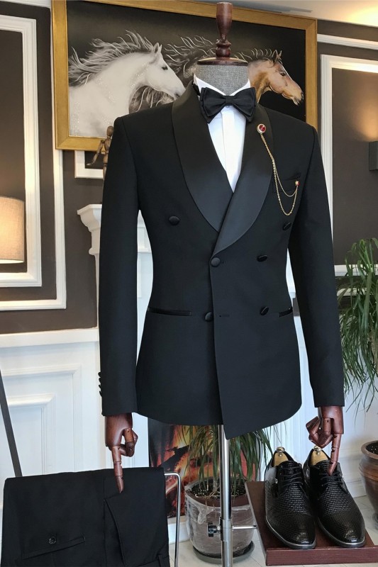 Notched Lapel Double Breasted Black Men's Wedding Suit