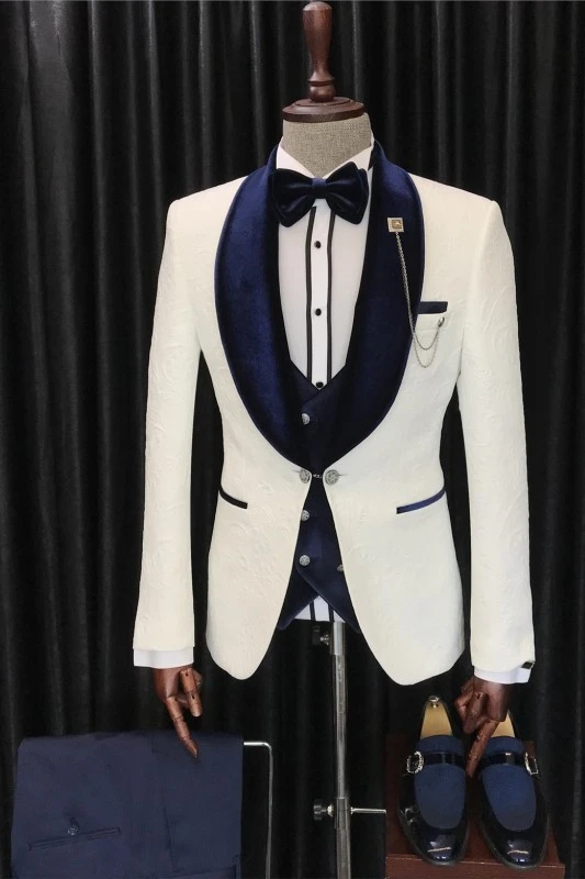 Fancy Navy Blue Shawl Lapel 3 Piece Velvet Wedding Suit main image 0