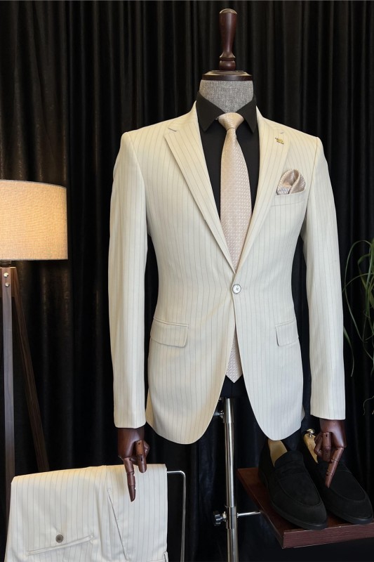 Corey Formal White Notched Lapel Striped Men Suits For Business