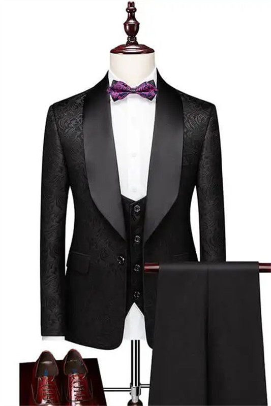 Alfred Formal Black Shawl Lapel Three Pieces Wedding Suits
