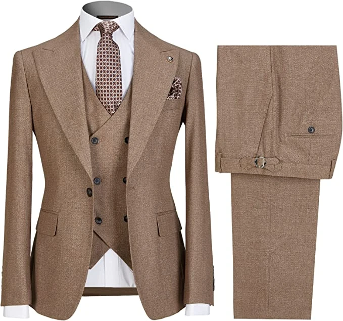 Men's Khaki ~ Bronze  Fashion Three Piece Suit 2 Button Style With Flat Front No Pleated Pants main image 0