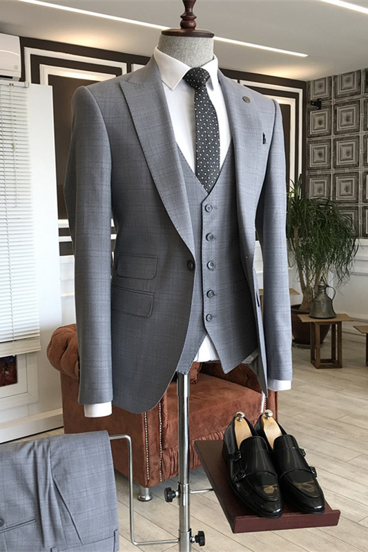 Bradley Bespoke Gray Peaked Lapel Three Pieces Men Suits For Business
