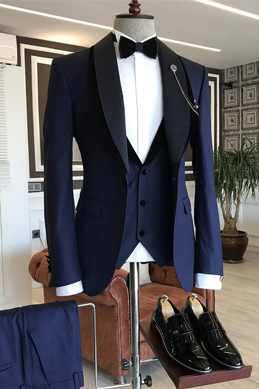 Navy Blue Shawl Lapel Prom Suits Business Tuxedo with three Pieces main image 1