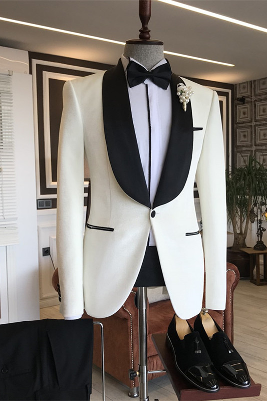 Chic Off White Shawl Lapel Slim Fit Jacquard Wedding Suit For Men