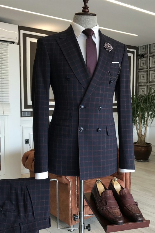 Pinstripe Double Breasted Business Suits for Men Formal Wedding Tuxedo with Peaked Lapel 2 Piece Male Jacket Pants Costume
