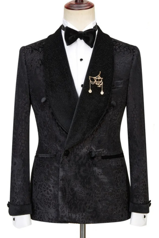 Gorgeous Velvet Lapel Double Breasted Prom Suit Belt Leopard Black Jacquard Men's Suit for Wedding