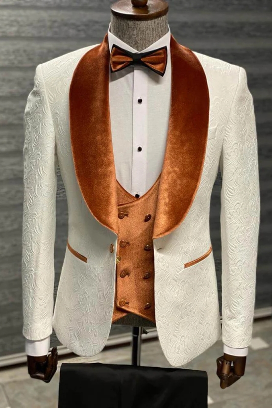 Burgundy Double Breasted Jacquard Wedding Suit with Velvet Lapel