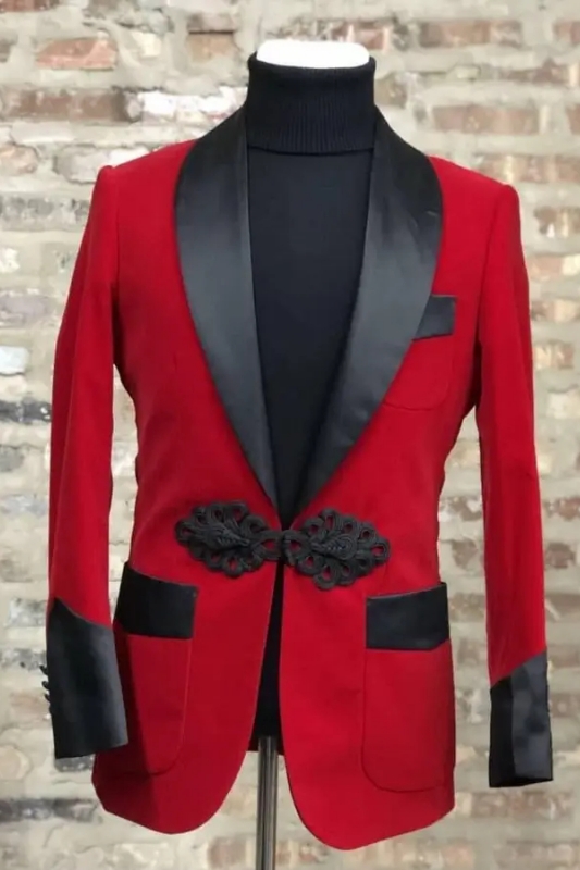 Abner Fashion Red Velvet Wedding Suits With Black Satin Lapel