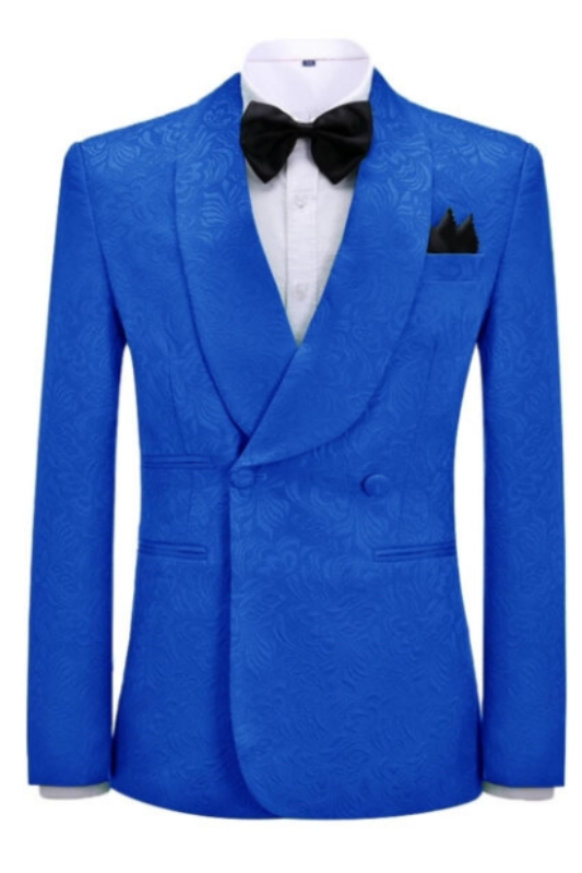 Ulysses Bespoke Royal Blue Jacquard Shawl Lapel Double Breasted Wedding Suits 8971