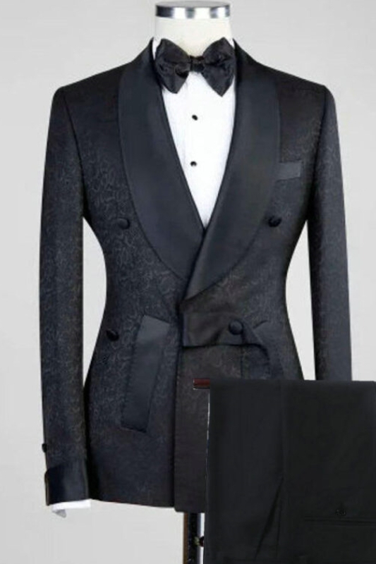 Tyler Classic Black Jacquard Shawl Lapel Double Breasted Wedding Suits