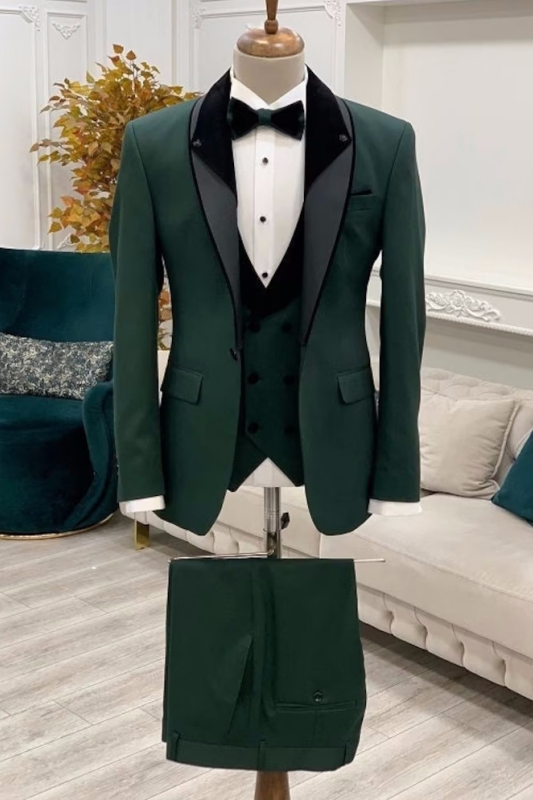 Dark Green One Button Black Shawl Lapel Wedding Groom Suits Online