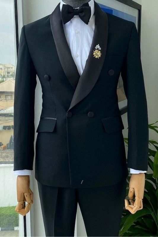 Solomon Stylish All-Black Double-Breasted Bespoke Wedding Suit for Bridegrooms