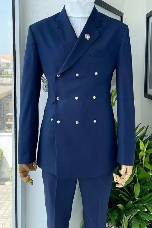 Benjamin Double Breasted Navy Blue Notched Lapel Slim Fit Prom Suits