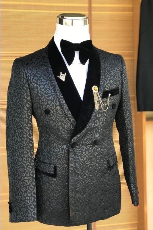 Carl Black Shawl Lapel Double Breasted Slim Fit Jacquard Wedding Suits