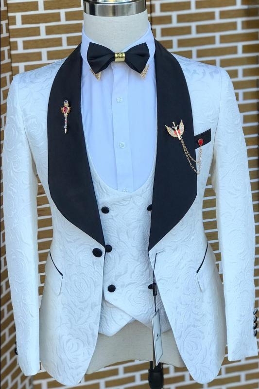 Chasel Three Pieces White Jacquard Bespoke Wedding Suits With Black Lapel