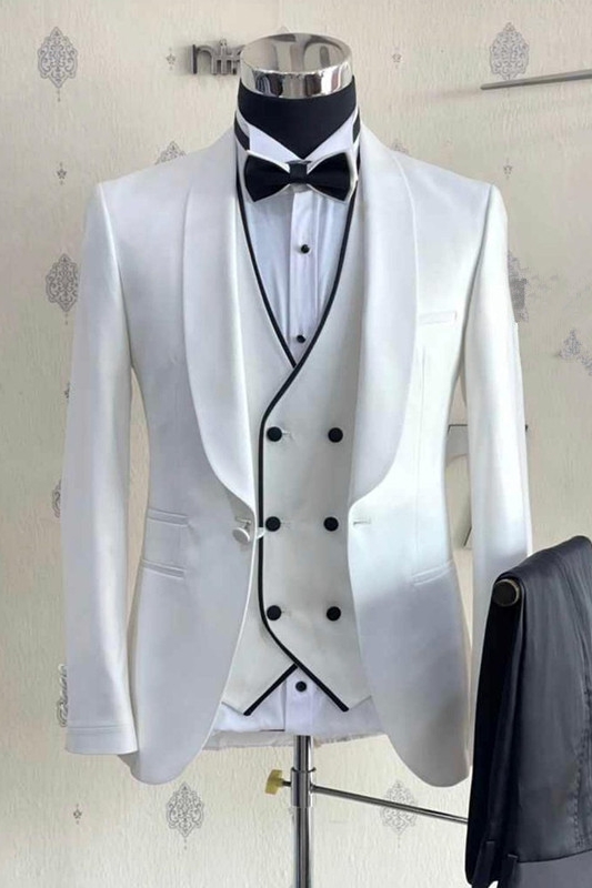 Brook Simple White Shawl Lapel Three Pieces Wedding Suits