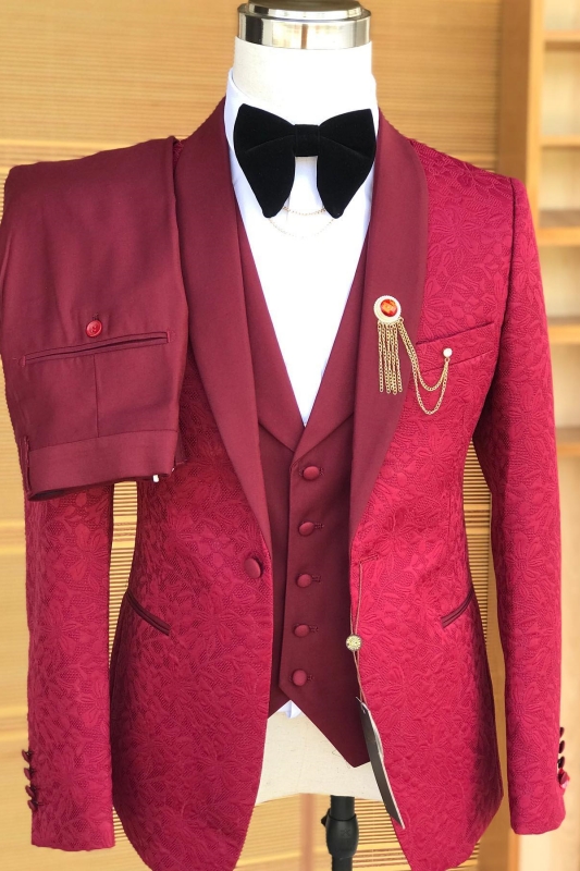 Chic Red Shawl Lapel 3 Piece Wedding Suit