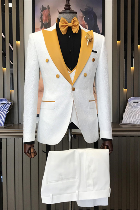 White Jacquard Double Breasted Wedding Men's Suit with Black Peaked Lapel main image 1
