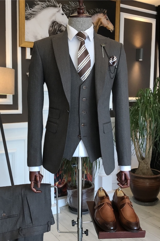 Berg Chic Black Striped Peaked Lapel Three Pieces Business Suits 