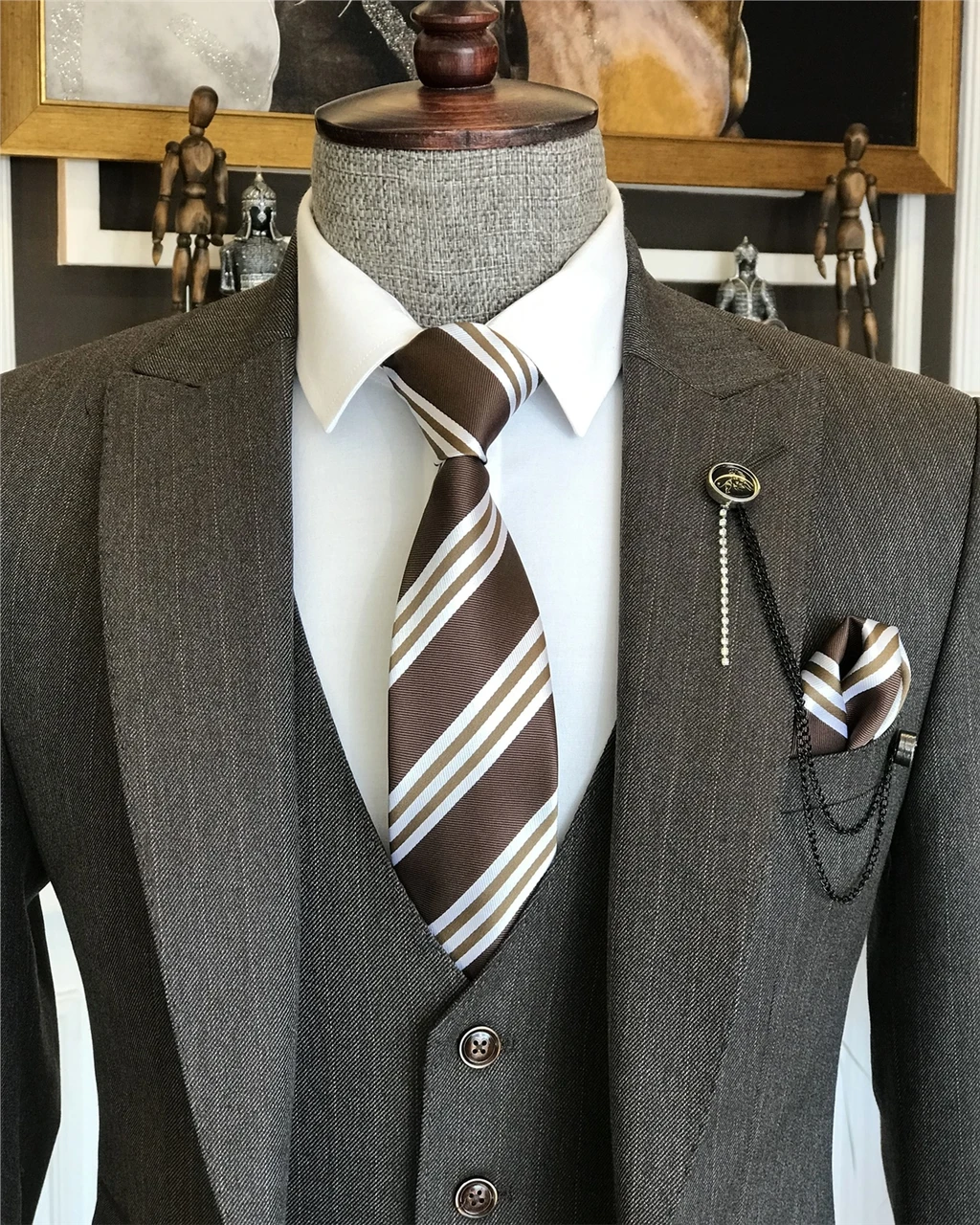 Brown Three Piece Peaked Lapel Business Suit   Newest main image 1