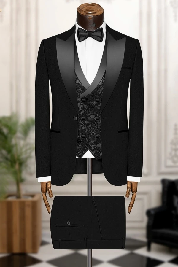 ELegant Business Man's Suit for Prom - Satin Shawl Lapel, Black & White with Jacquard.