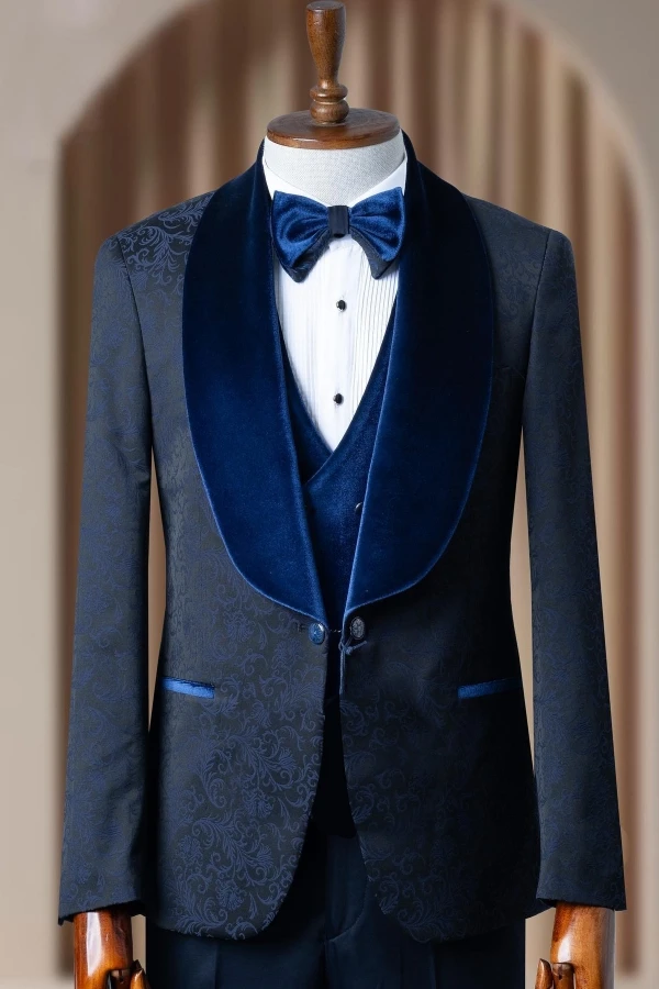 Modern Dark Navy Shawl Lapel Easy Fit Wedding Suit
