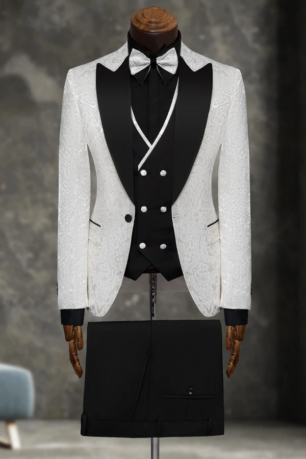 White Peak Lapel Jacquard 2 Piece Men's Suits