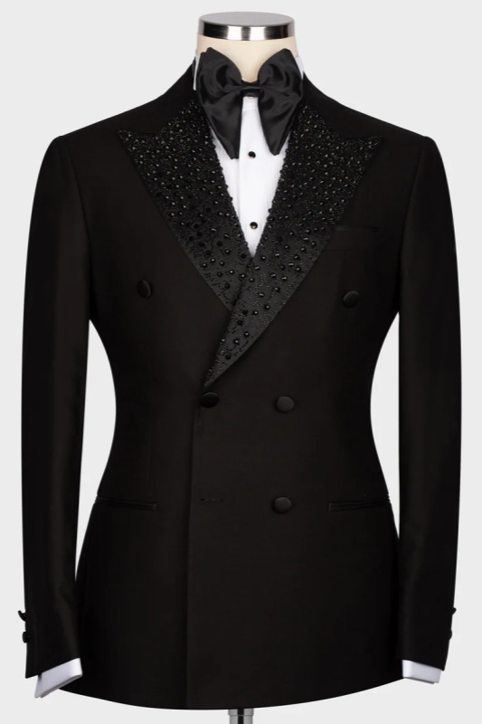 2 Pieces Black Sequins Marriage Blazer Suit with Peak Lapel main image 1