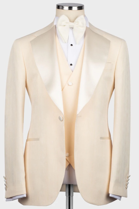 Joseph Fashion Light Champagne Shawl Lapel Shiny Slim Fit Three Pieces Men Suits