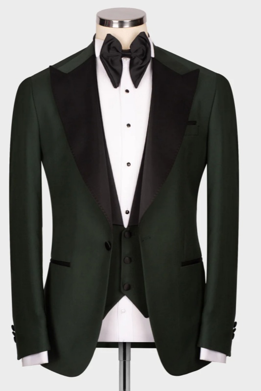 Glamorous Dark Green Peaked Lapel Wedding Suit with Ruffles