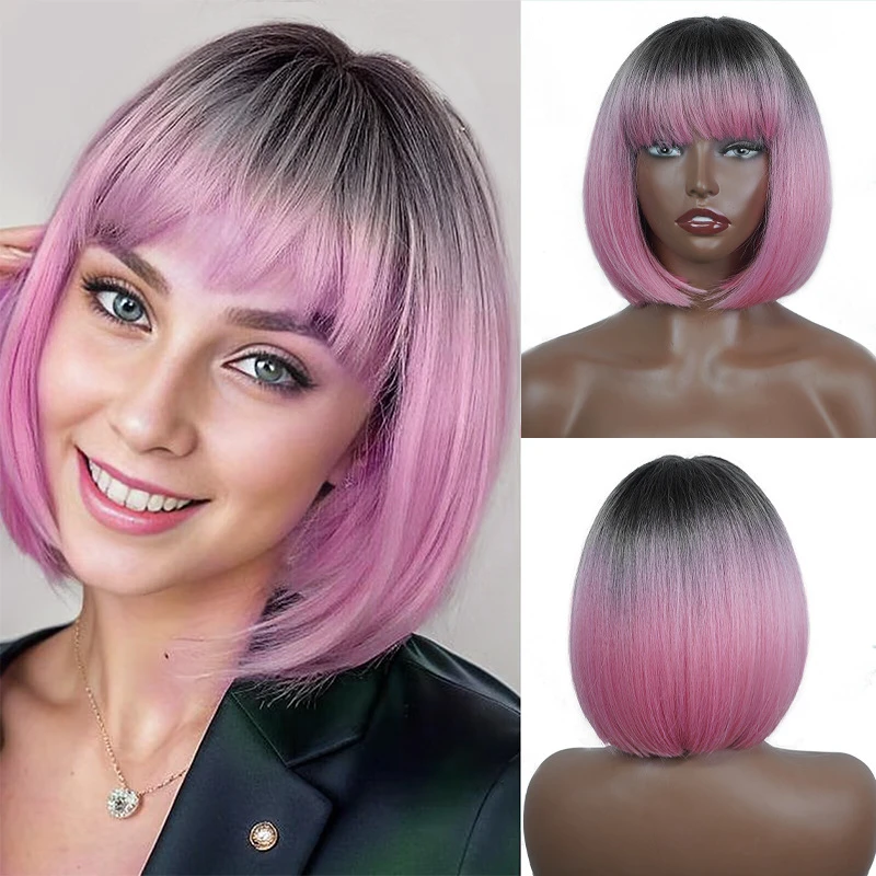 Party Wig with Bob Cut, Dyed Gradient in Light Pink, Short Straight Hair For Cosplay
