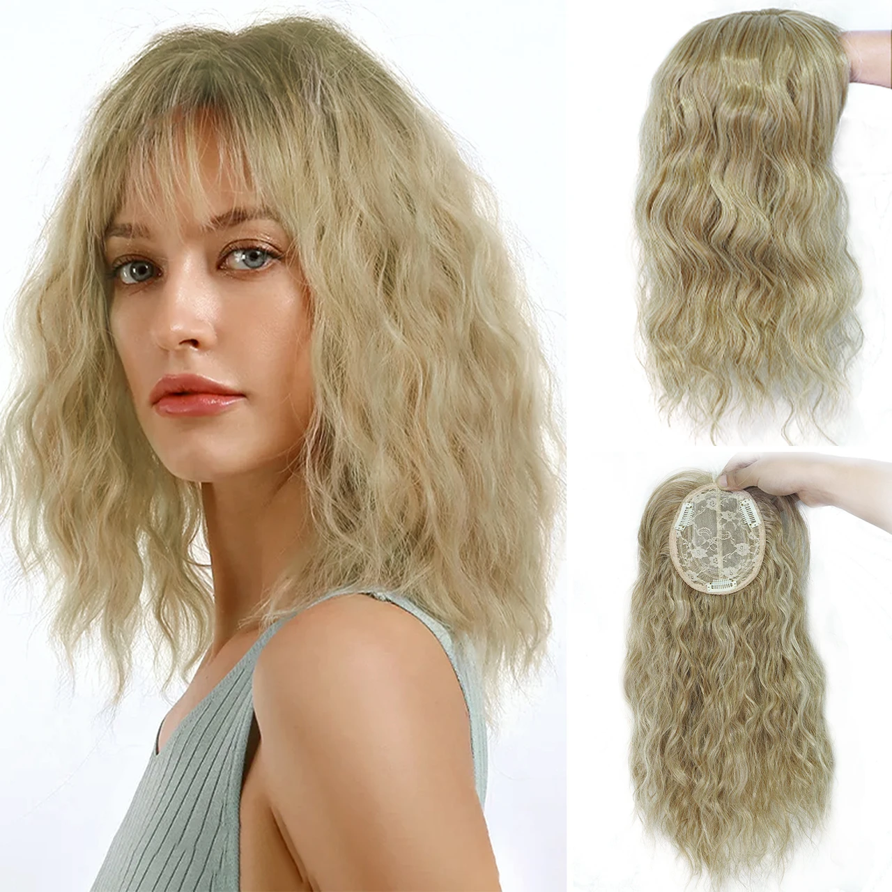 Synthetic Hairpiece with Short Small Curls, Women's Curly Hair with Side Bangs