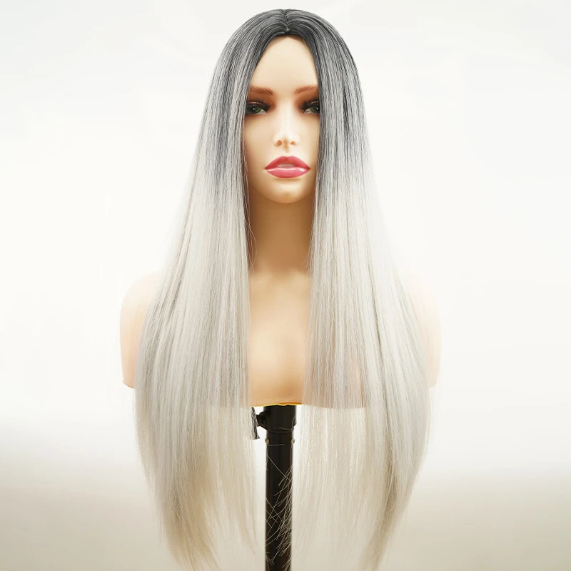 New 2024 Synthetic Full Head Wig with Gradient Black-to-Gray Color, Anime Style Long Straight Hair