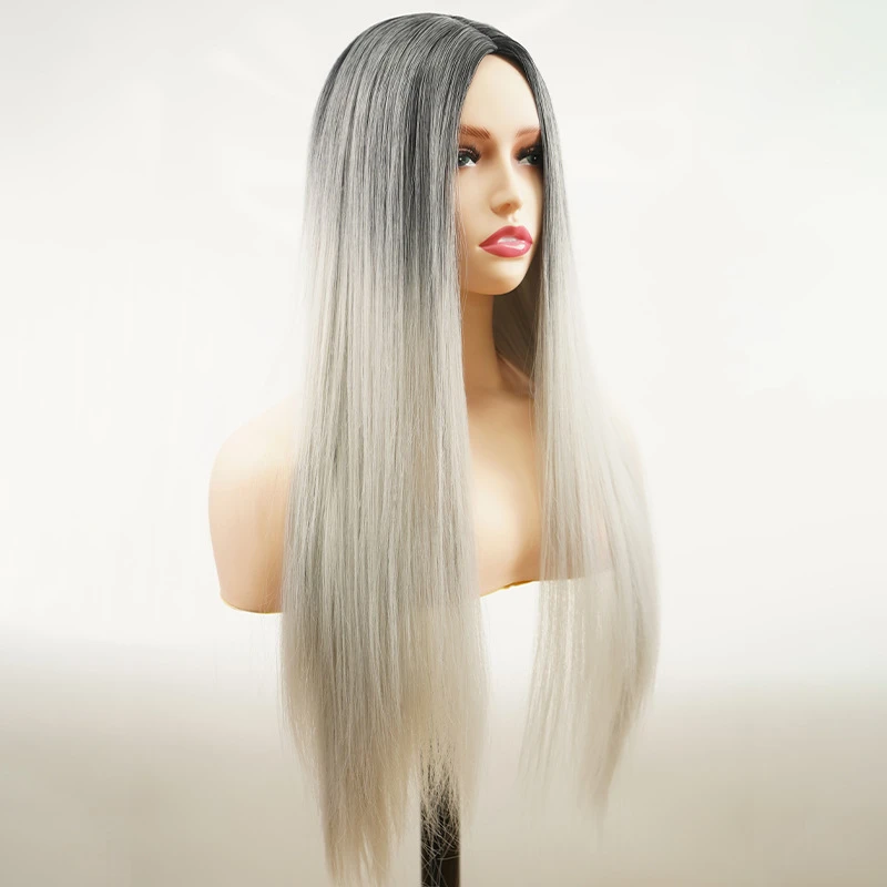 New 2024 Synthetic Full Head Wig with Gradient Black-to-Gray Color, Anime Style Long Straight Hair