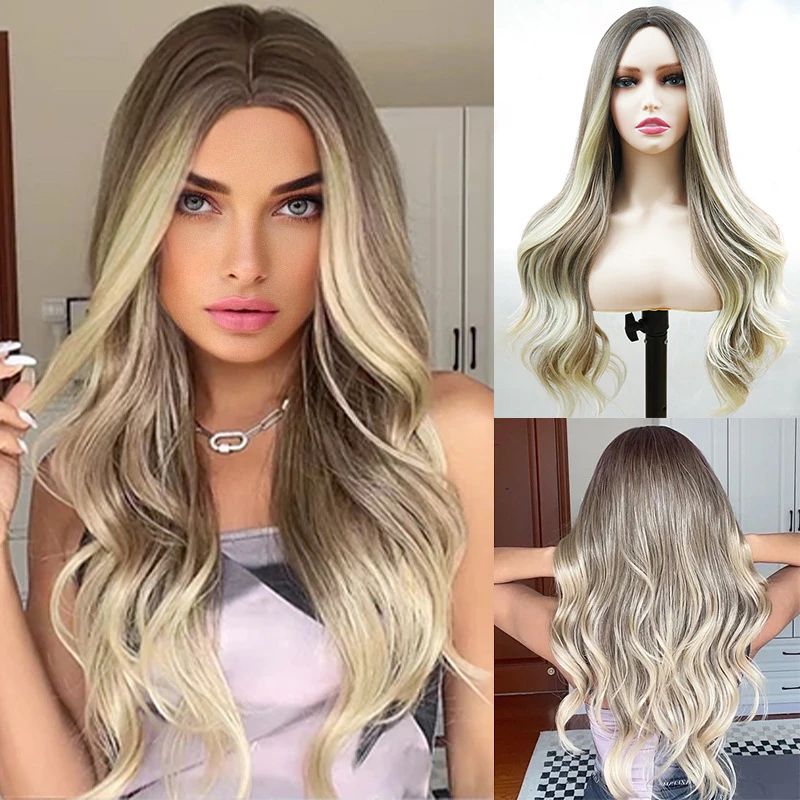 Long Curly Wig with Balayage Ombre Gradient, Large Waves, Middle Part, Rose Lace Cap