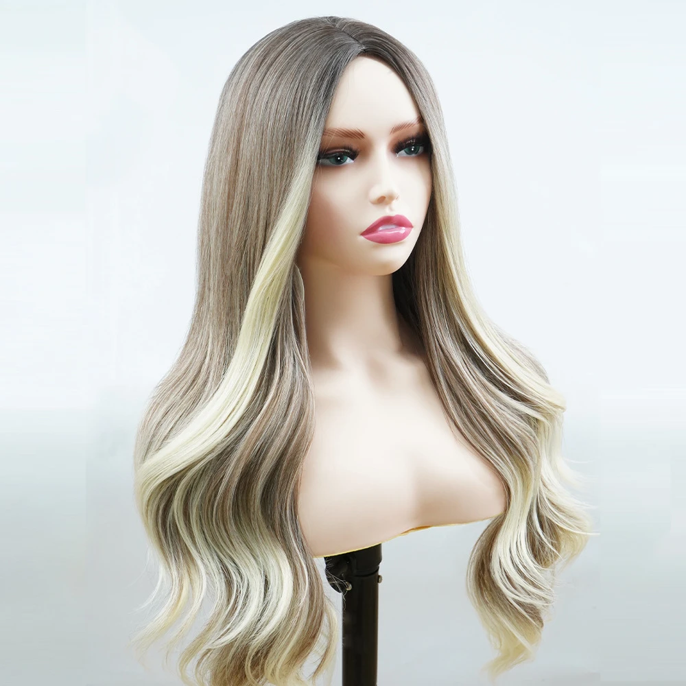 Long Curly Wig with Balayage Ombre Gradient, Large Waves, Middle Part, Rose Lace Cap