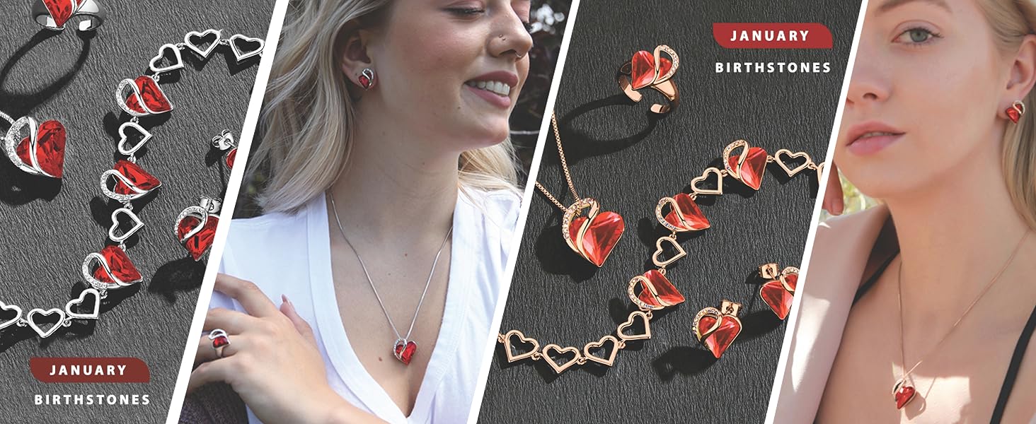 January birthstone jewelry featuring silver and rose gold red heart-shaped jewelry set