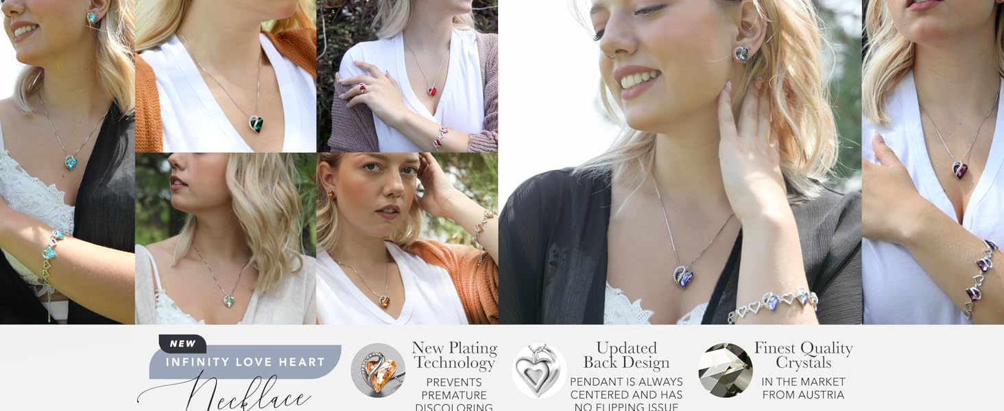 Women wearing Infinity Heart jewelry sets with icons for plating technology and crystal quality