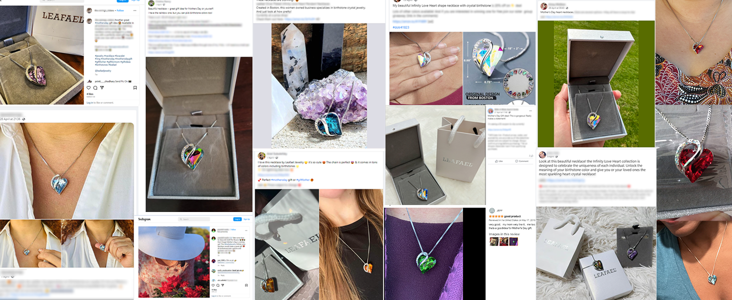 Collage of heart-shaped gemstone necklaces in various colors with customer photos and reviews