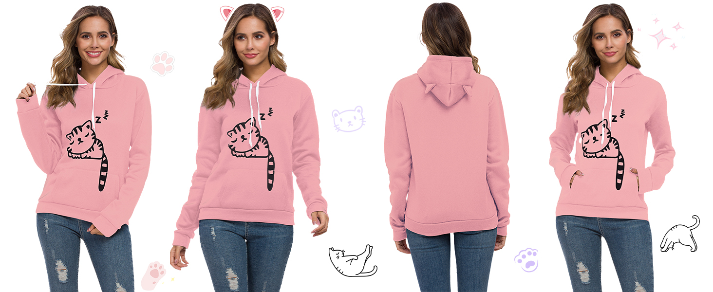 Women’s Casual Hoodies Tops Loose Lightweight Sweatshirt with Pocket Cute Pink Pullover