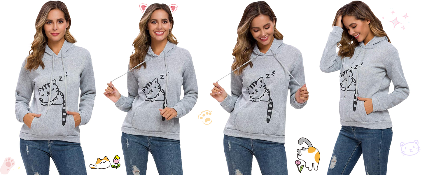 Women Teen Girls Cat Hoodie Sweatshirt Cute Cat Ear Sleeping Cat Printed Pullover Sweatshirt